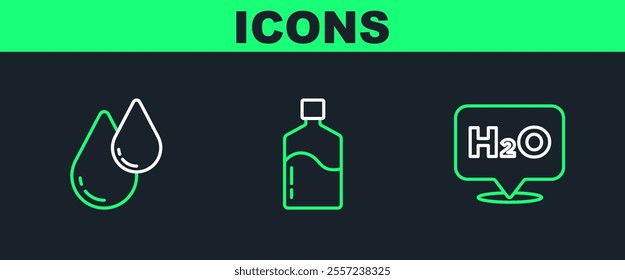 Set line Chemical formula for H2O, Water drop and Big bottle with clean water icon. Vector