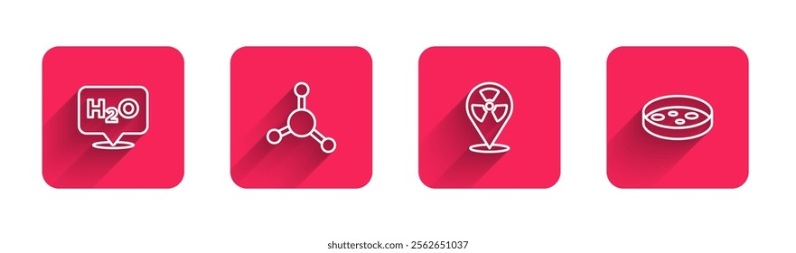 Set line Chemical formula for H2O, Molecule, Radioactive in location and Petri dish with bacteria with long shadow. Red square button. Vector