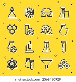 Set line Chemical formula for H2O, Test tube and flask, Safety goggle glasses, radiation, Alcohol spirit burner and Radioactive icon. Vector