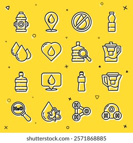 Set line Chemical formula for H2O, Water jug with filter, drop forbidden, Heart water, Fire hydrant and Big bottle clean icon. Vector