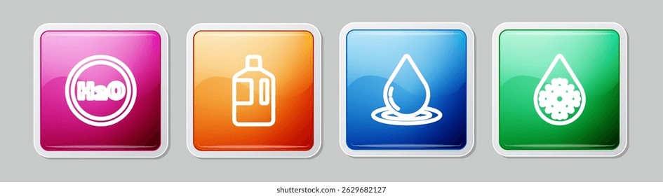 Set line Chemical formula for H2O, Big bottle with clean water, Water drop and Defrosting. Colorful square button. Vector