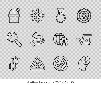 Set line Chemical formula, Head and electric symbol, Test tube flask, Triangle with radiation, Astronomical observatory, Bacteria and Square root of 4 glyph icon. Vector
