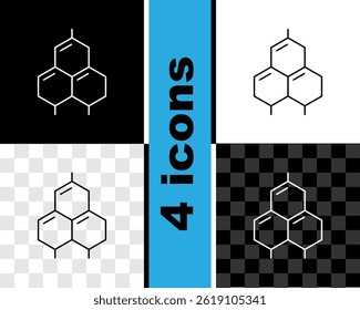 Set line Chemical formula icon isolated on black and white, transparent background. Abstract hexagon for innovation medicine, health, research and science.  Vector
