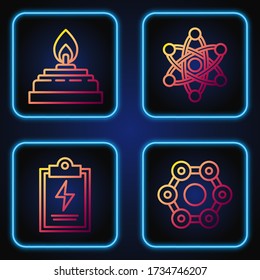 Set line Chemical formula, Laboratory clipboard with checklist, Alcohol or spirit burner and Atom. Gradient color icons. Vector