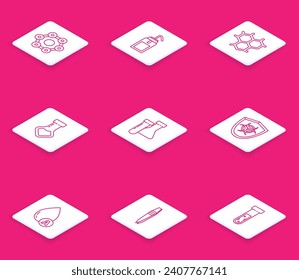 Set line Chemical formula, Laboratory wash bottle, Test tube and flask chemical, Biohazard symbol on shield, Water drop and Tweezers icon. Vector