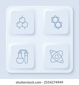 Set line Chemical formula, Molecule, Test tube and Atom. White square button. Vector