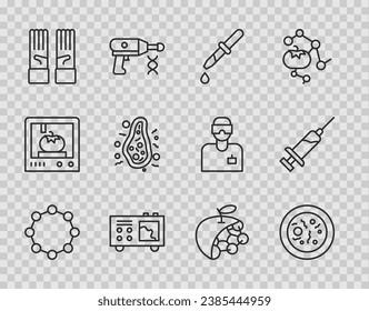 Set line Chemical formula, Petri dish with bacteria, Pipette, Spectrometer, Medical rubber gloves, Bacteria, Biological structure and Syringe icon. Vector