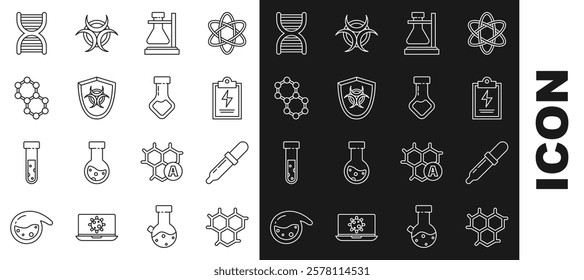 Set line Chemical formula, Pipette, Laboratory clipboard with checklist, Test tube flask on stand, Biohazard symbol shield, Molecule, DNA and chemical icon. Vector