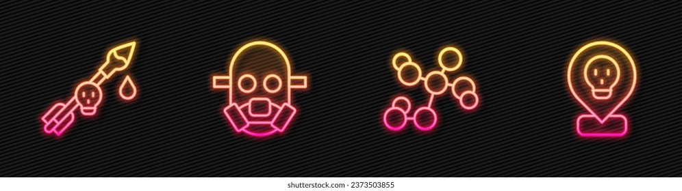 Set line Chemical formula, Poison on the arrow, Gas mask and Radioactive in location. Glowing neon icon. Vector