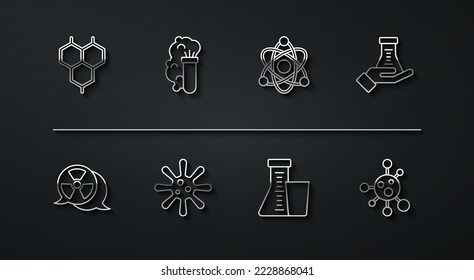 Set line Chemical formula, Radioactive, Test tube and flask, Bacteria, explosion, Molecule and Atom icon. Vector