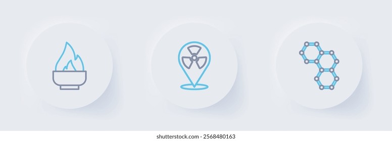 Set line Chemical formula, Radioactive in location and Alcohol spirit burner icon. Vector