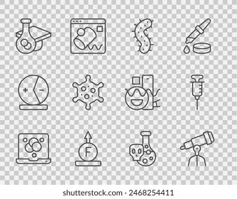 Set line Chemical formula, Telescope, Virus, Force of physic, Graduation cap, Test tube with toxic liquid and Syringe icon. Vector