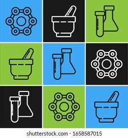 Fije la línea Fórmula química, Tubo de ensayo y la sustancia del matraz y el icono de mortero y almirez. Vector