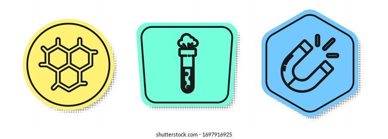 Set line Chemical formula, Test tube and flask chemical and Magnet. Colored shapes. Vector