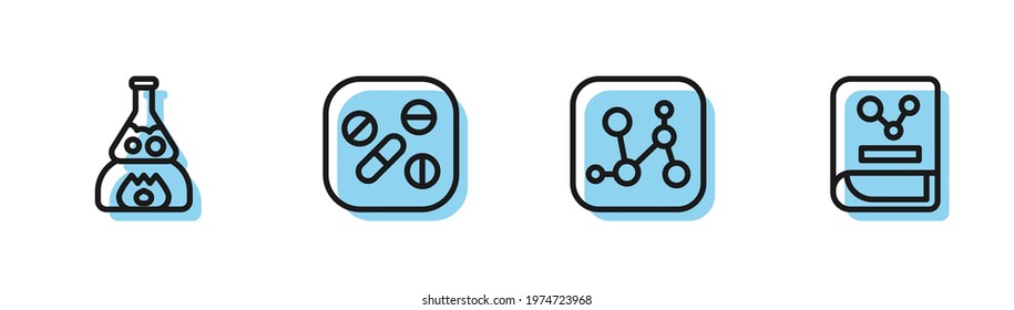 Set line Chemical formula, Test tube flask on fire, Medicine pill tablet and Chemistry book icon. Vector