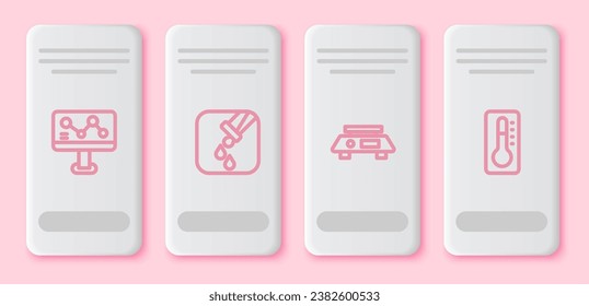 Set line Chemical formula, Test tube and flask, Electronic scales and Medical thermometer. White rectangle button. Vector