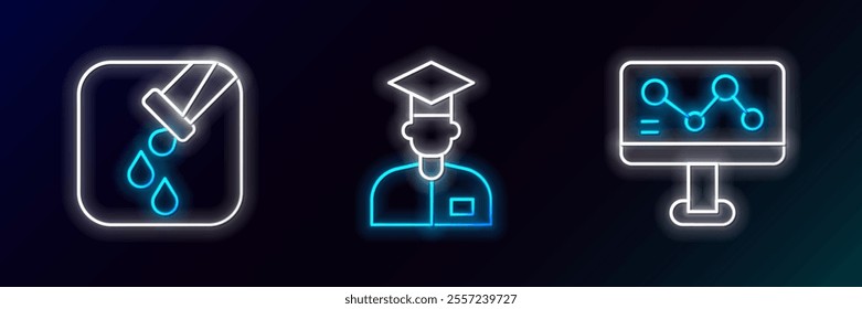Set line Chemical formula, Test tube and flask and Laboratory assistant icon. Glowing neon. Vector
