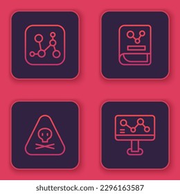 Set line Chemical formula, Triangle warning toxic, Chemistry book and . Blue square button. Vector
