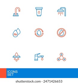 Set line Chemical formula water H2O, Water tap, filter cartridge, drop forbidden, Recycle clean aqua, Shower and  icon. Vector