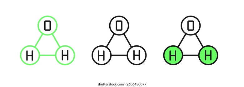 Set line Chemical formula for water drops H2O shaped icon isolated on white background.  Vector