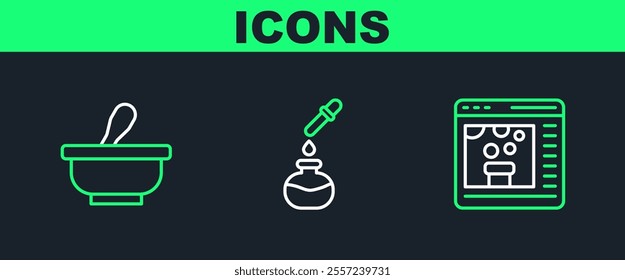 Set line Chemical online, Mortar and pestle and Test tube flask icon. Vector