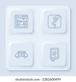 Set line Chemical online, Test tube and flask, Electronic scales and Certificate template. White square button. Vector