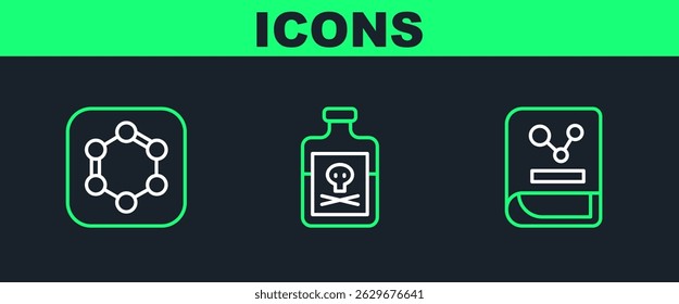 Set line Chemistry book, Formula of benzene rings and Poison bottle icon. Vector