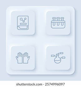 Set line Chemistry book, Test tube and flask, Medical rubber gloves and . White square button. Vector