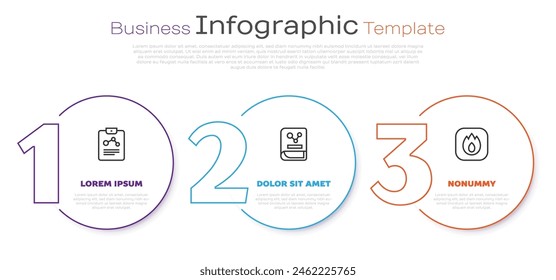 Set line Chemistry report, book and Fire flame. Business infographic template. Vector