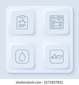Set line Chemistry report, Chemical online, Water drop and Broken flask. White square button. Vector