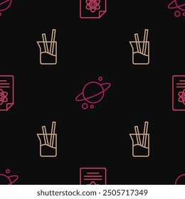 Set line Chemistry report, Laboratory glassware and Planet Saturn on seamless pattern. Vector