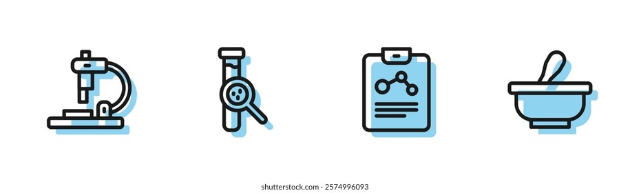 Set line Chemistry report, Microscope, Test tube and flask and Mortar pestle icon. Vector