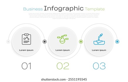 Fije el informe de la química de la línea, el tubo de ensayo y el matraz y la placa de Petri con la pipeta. Plantilla de infografía de negocios. Vector