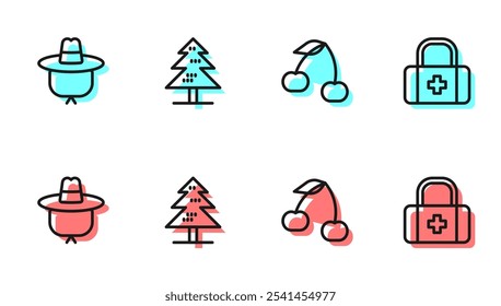 Set line Cherry, Camping hat, Tree and First aid kit icon. Vector