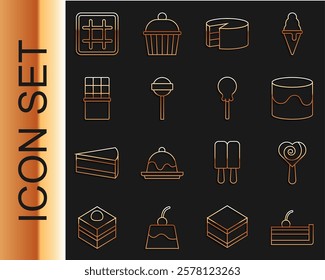 Set line Cherry cheesecake, Lollipop, Cake, Chocolate bar, Waffle and  icon. Vector