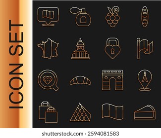 Set line Cherry cheesecake slice, Eiffel tower, Flag France, Grape fruit, Museum building, Map of,  and Castle the shape heart icon. Vector