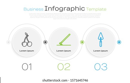Set line Cherry, Garden rake in work and Garden trowel spade or shovel. Business infographic template. Vector