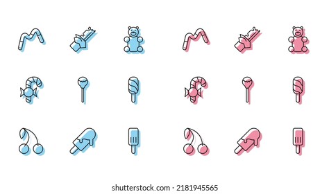 Set line Cherry, Ice cream, Jelly worms candy, Lollipop, Christmas cane and Bitten chocolate bar icon. Vector