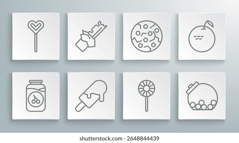 Set line Cherry jam jar, Bitten chocolate bar, Ice cream, Lollipop, Glass with candies inside, Cookie or biscuit, Apple and  icon. Vector