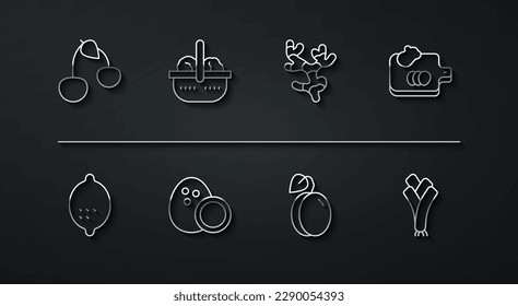 Set line Cherry, Lemon, Cutting board with vegetables, Plum fruit, Coconut, Basket and food, Leek and Ginger root icon. Vector