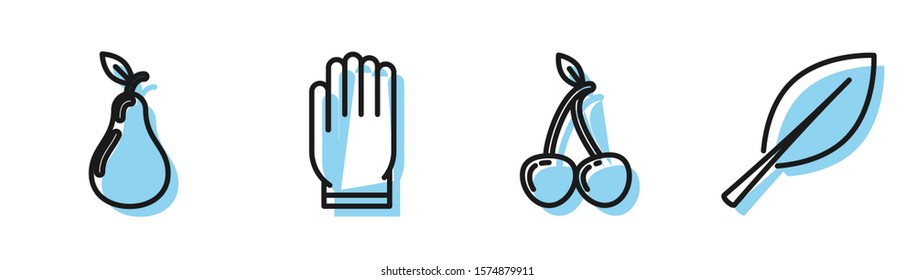 Set line Cherry, Pear, Garden gloves and Leaf icon. Vector