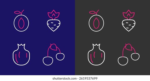 Set line Cherry, Pomegranate, Turnip and Plum fruit icon. Vector