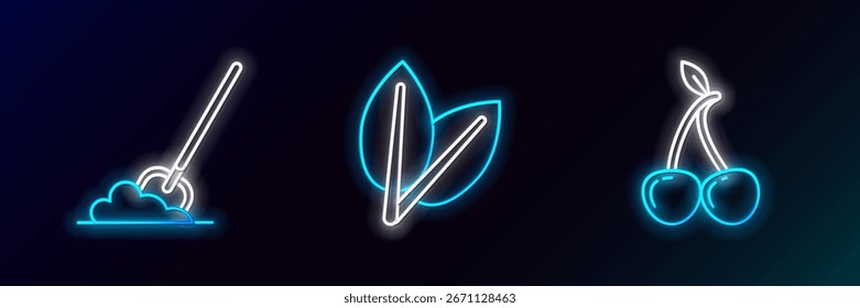Fije la línea de cereza, pala en el suelo y el icono de hojas. Brillante neón. Vector