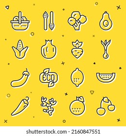 Línea cerezo, sandía, cebolla, brócoli, granada, maíz, cesta y comida e icono de Turnip. Vector