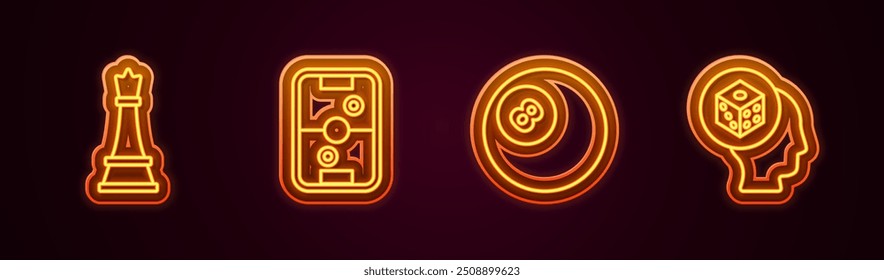 Set line Chess, Air hockey table, Billiard pool snooker ball and Game dice. Glowing neon icon. Vector