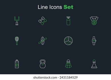 Set line Chess, Badminton shuttlecock, Weight, Fitness shaker, Smart watch with heart, Volleyball ball, Kayak and paddle and Tennis racket icon. Vector