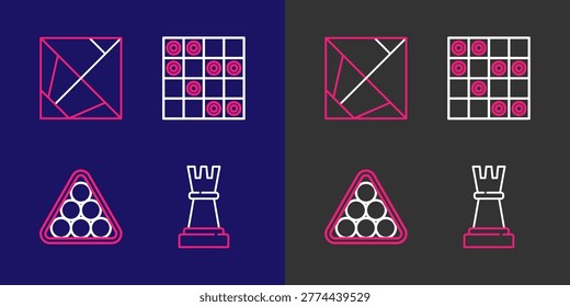Set line Chess, Billiard balls in triangle, Board game of checkers and Rubik cube icon. Vector