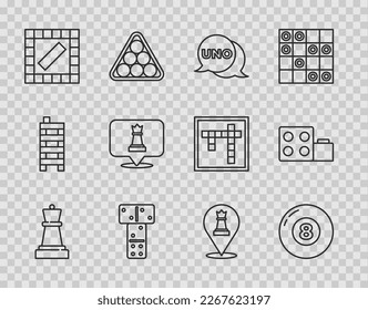 Set line Chess, Billiard pool snooker ball, Uno card game, Domino, Board,  and Toy building block bricks icon. Vector