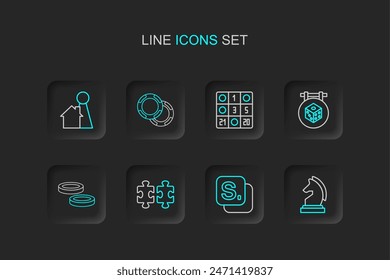 Set line Chess, Bingo, Puzzle pieces toy, Checker game chips, Game dice, card, Casino and Chip for board icon. Vector