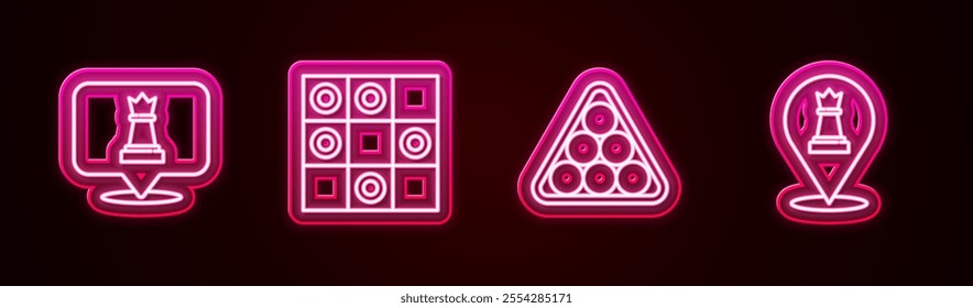 Set line Chess, Board game of checkers, Billiard balls in triangle and . Glowing neon icon. Vector